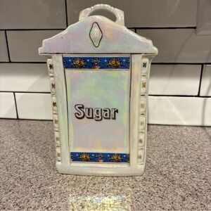 Mepoco Ware Vintage Ceramic Sugar Canister with Blue Accents